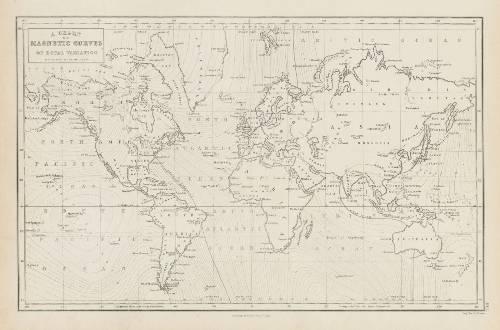A chart of magnetic curves of equal variation. World. GEORGE AIKMAN 1856 map